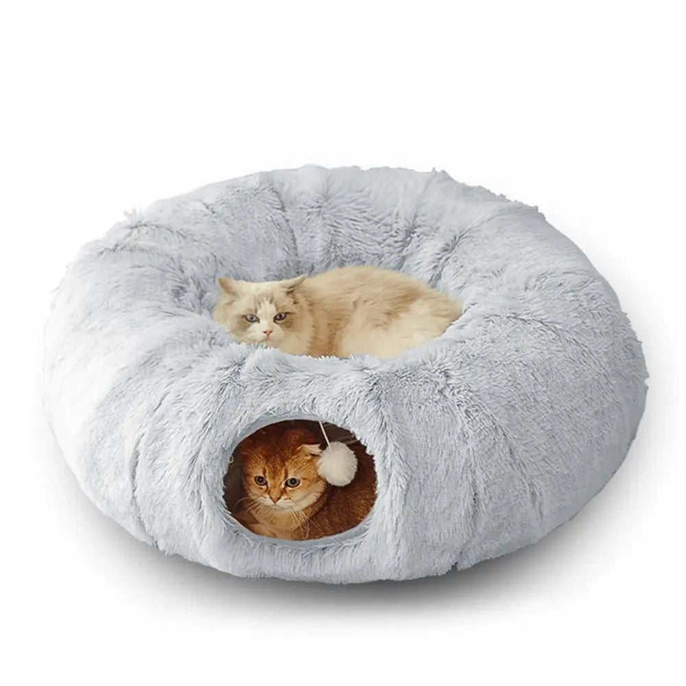 Long Plush Two-In-One Cat Tunnel Bed, Winter Warm Donut Cat Nest, Closed Hideaway Cat Toy, Soft Thick Non-Slip Bottom, Suitable for Multiple Cats, Shaped Beds