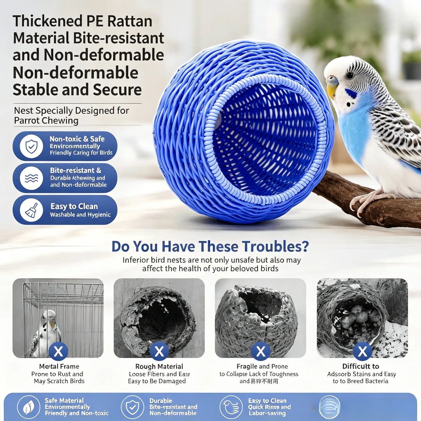 Premium Handcrafted Bird Nest for Cages - Imitation Rattan Parrot Bed and Breeding Box - Breathable, Durable, Bite-Resistant, and Easy to Clean